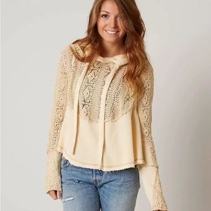 Free people crochet hoodie sweatshirt boho beachy tan cream flowy lace